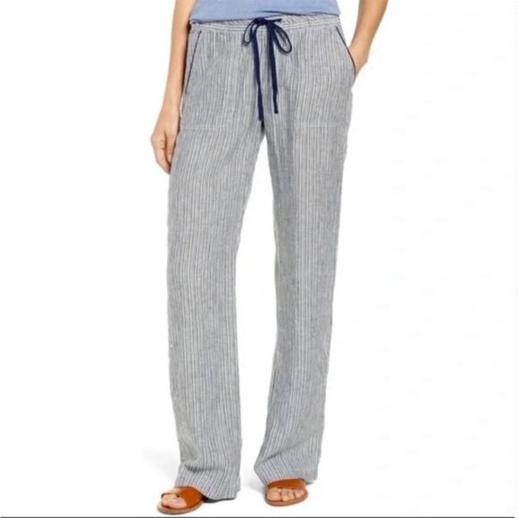 Caslon 100% linen black/ white striped elastic waist w/ drawstring pants size PS - Picture 1 of 7